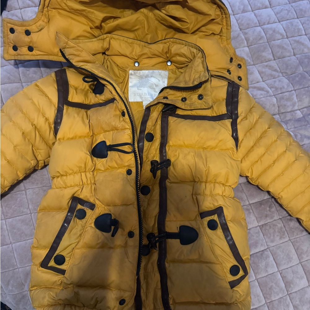 Burberry Kids Yellow Puffer Jacket with Black Accents